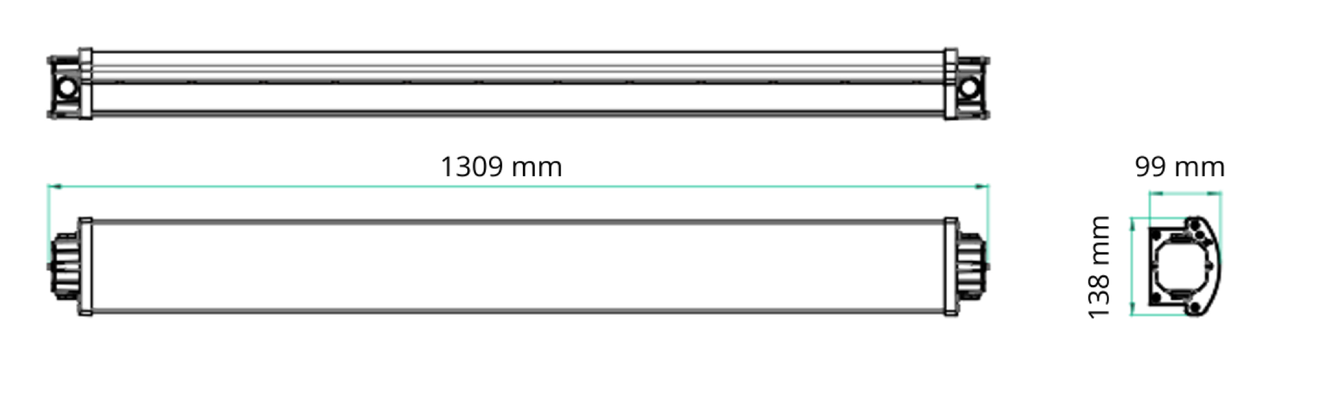 La luminaria LED lineal a prueba de explosión de 80 Watts tiene una longitud de 1309mm, el ancho es 138mm y el alto es 99mm