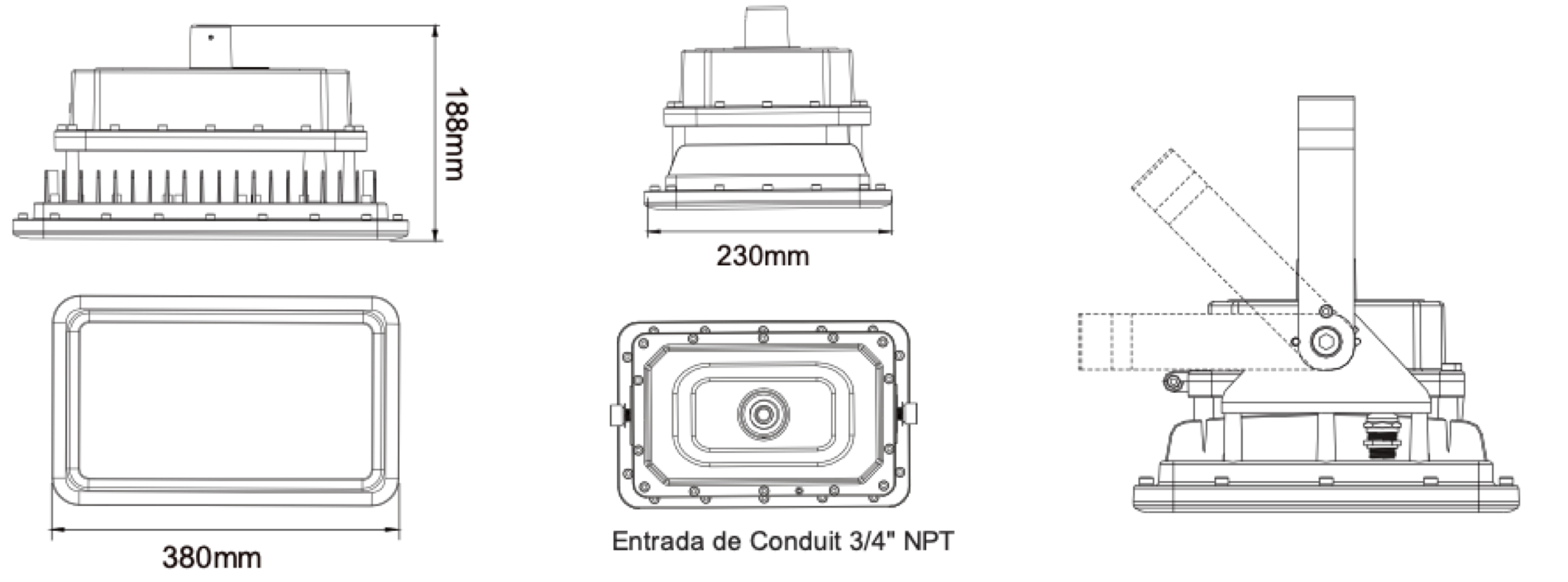 Las dimensiones del reflector LED a prueba de explosión de 200 Watts son 380 mm de largo, 239 mm de ancho y 188mm de alto