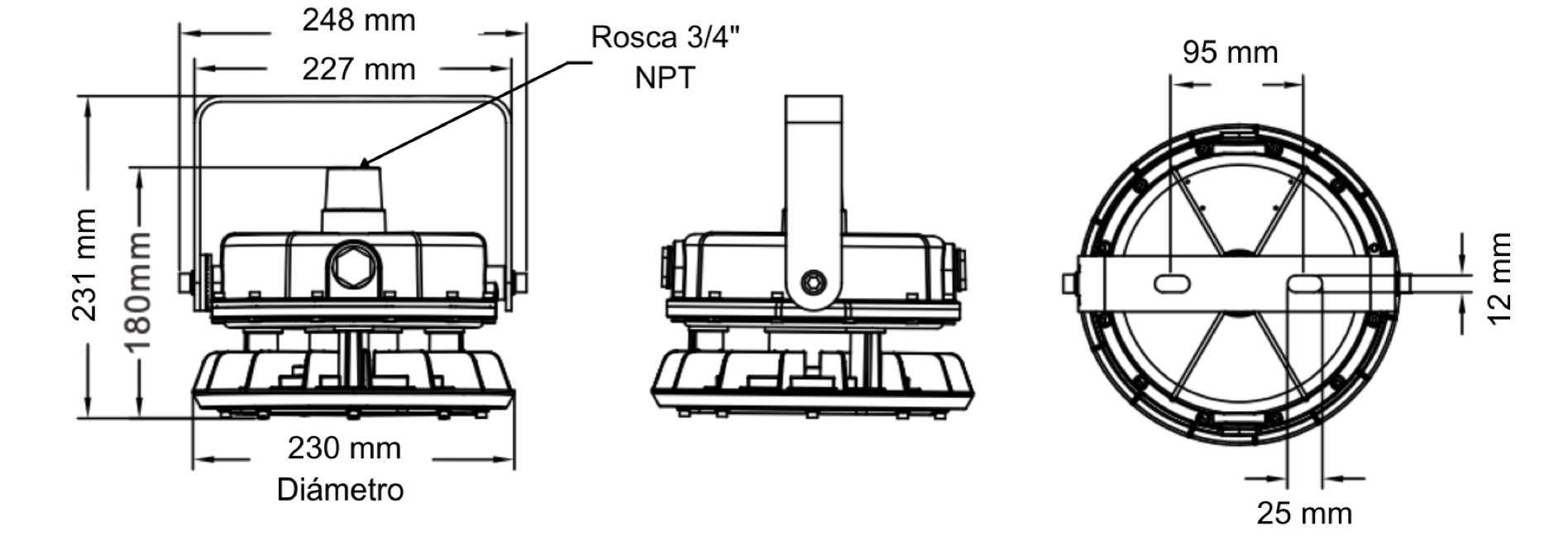 El reflector LED a prueba de explosión low bay de 40 Watts tiene un diámetro de 230mm y una longitud total de 231mm, 4.15Kg