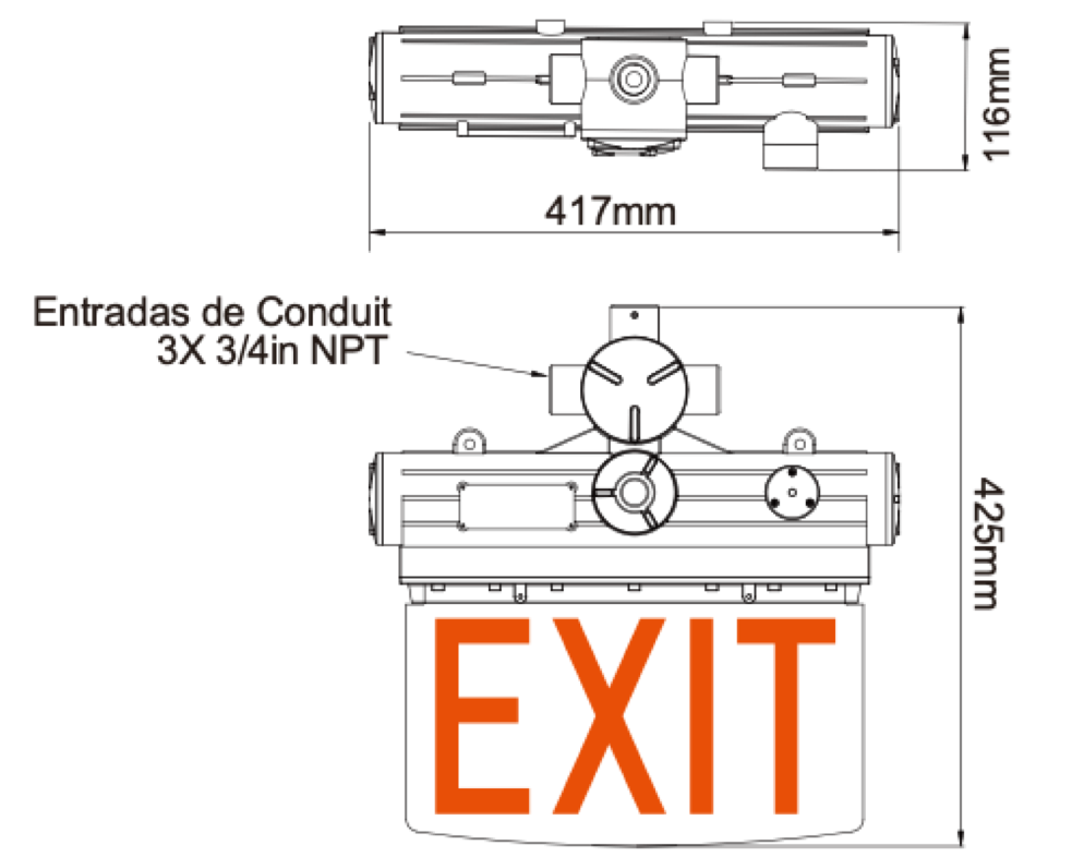 Las dimensiones de la señal de salida de emergencia a prueba de explosión son 425mm de alto, 417mm de largo, 116mm de ancho