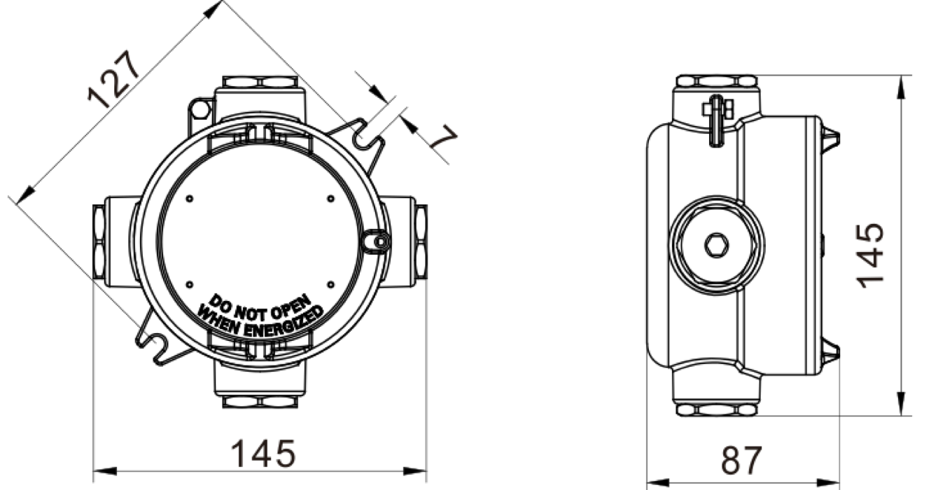 Las dimensiones del condulet a prueba de explosión GUAX-26 son 145 mm de largo, 127mm de ancho y 87mm de altura
