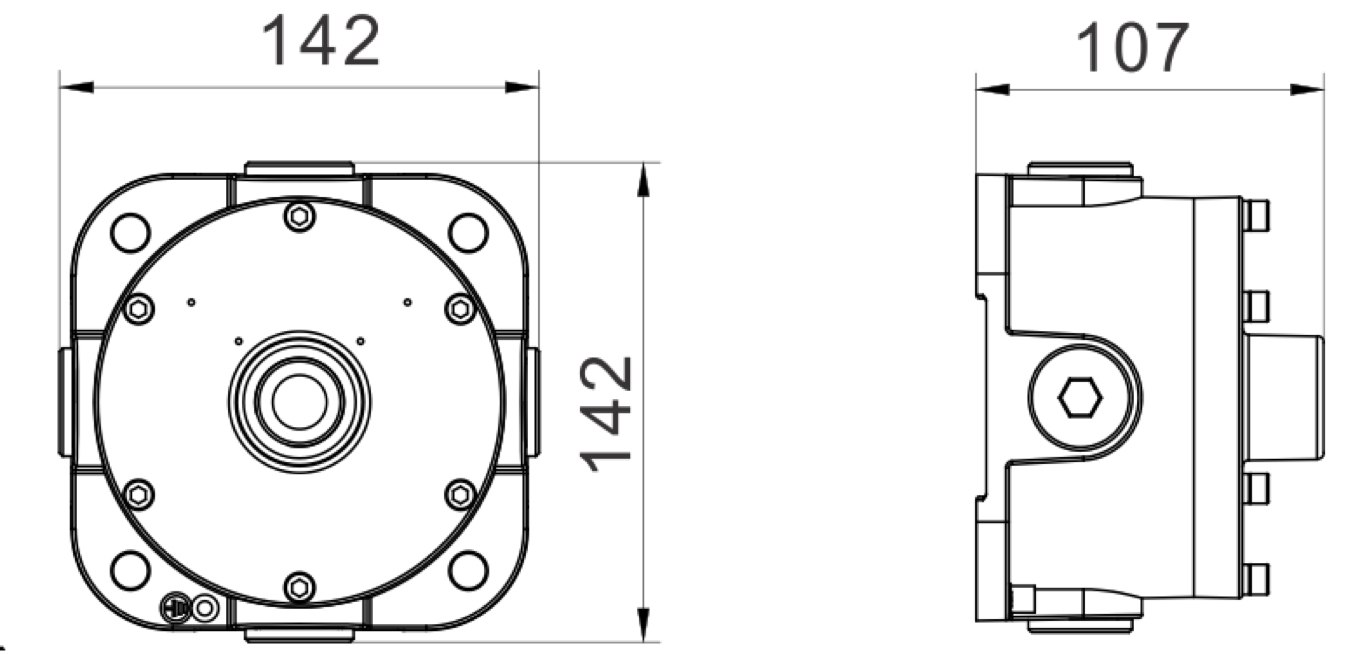 Las dimensiones del condulet a prueba de explosión GUAX-26T son 142 mm de largo, 142 mm de ancho y 107 mm de altura