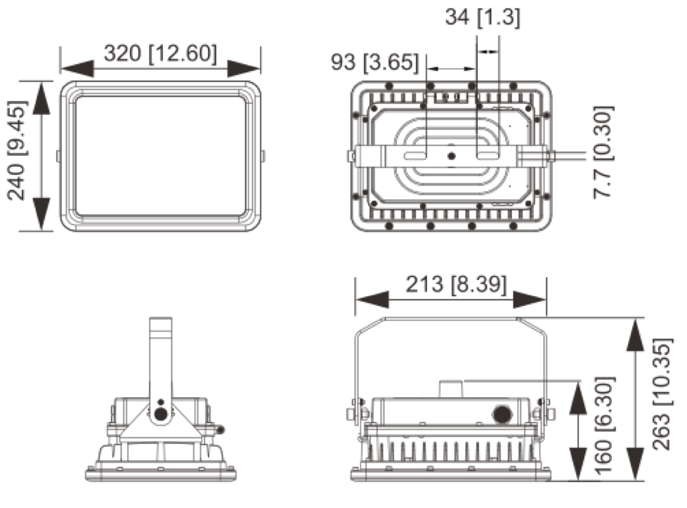 Las dimensiones del reflector LED anti explosión de 100 Watts son 320 mm de largo, 240 mm de ancho y 160 mm de altura 